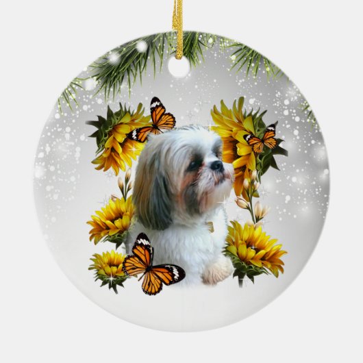 Shih Tzu Sunflower Butterfly Gedenkpfeife druckt Keramik Ornament (Hinten)