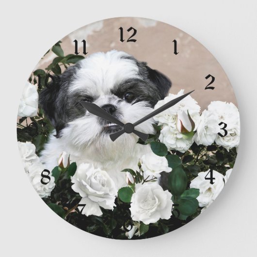 Shih Tzu und Rose Große Wanduhr (Vorderseite)