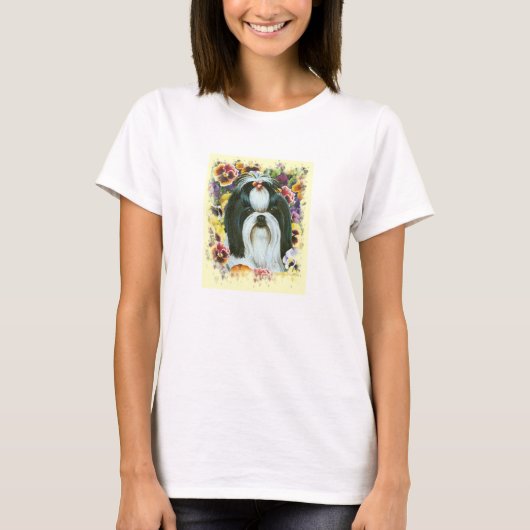 Shih Tzu und Stiefmütterchen Art Print T-Shirt (Vorderseite)