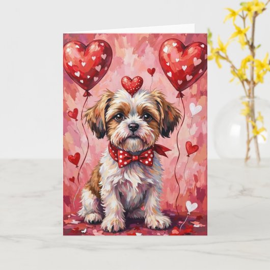 Shih Tzu Valentine Dog Sitting with Hearts Red Karte (Gelbe Blume)