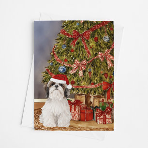 Shih Tzu Wasserfarbe Unter der Weihnachtsbaumkarte Karte