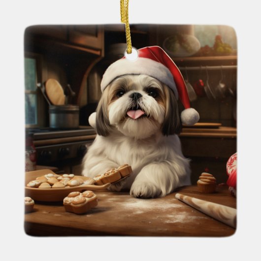 Shih Tzu Weihnachtskochen Feiertage Keramikornament (Vorderseite)