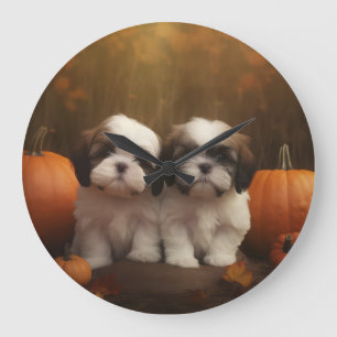 Shih Tzu Welpe Herbstfreude Kürbis  Große Wanduhr