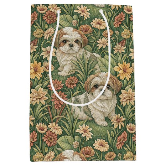 Shih Tzu Welpen in einem William Morris Style Gart Mittlere Geschenktüte (Vorderseite)