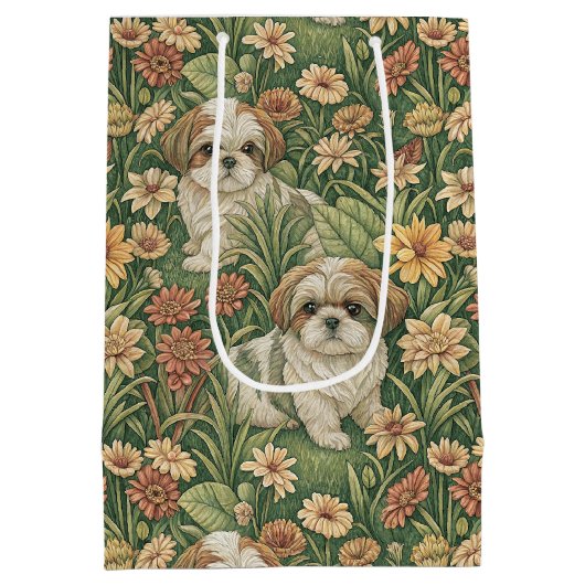 Shih Tzu Welpen in einem William Morris Style Gart Mittlere Geschenktüte (Rückseite)