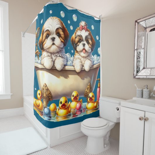 "Shih Tzu Welppies in Bubble Bath" Duschvorhang (Beispiel)