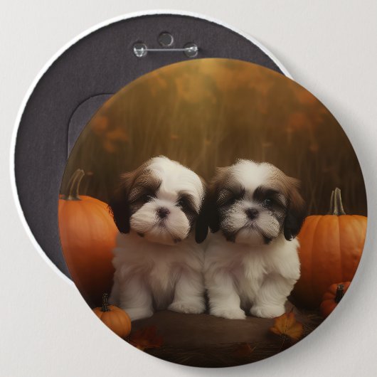 Shih Tzu Welppy Autumn Delight Pumpkin Button (Vorne & Hinten)