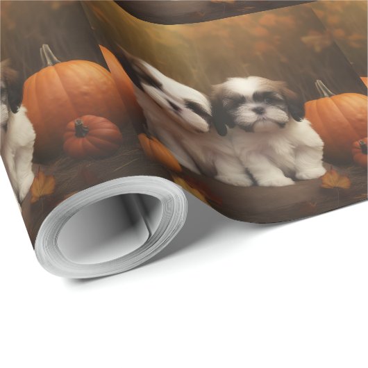 Shih Tzu Welppy Autumn Delight Pumpkin Geschenkpapier (Rolleneckpunkt)