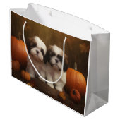 Shih Tzu Welppy Autumn Delight Pumpkin Große Geschenktüte (Rückseite Schrägansicht)