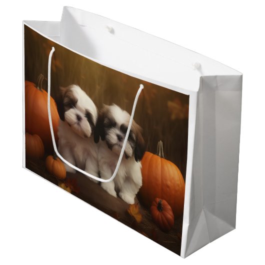 Shih Tzu Welppy Autumn Delight Pumpkin Große Geschenktüte (Vorderseite Schrägansicht)