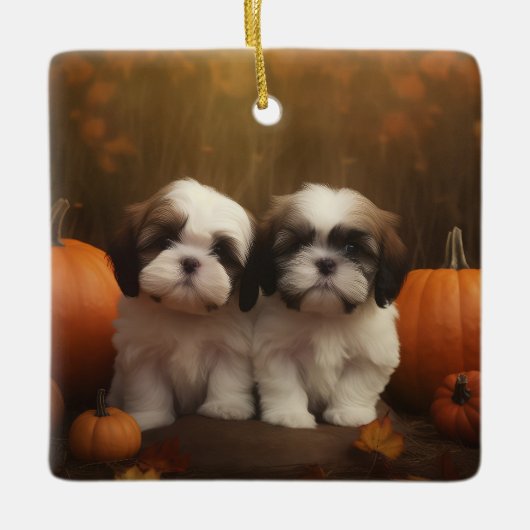 Shih Tzu Welppy Autumn Delight Pumpkin Keramikornament (Vorderseite)