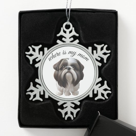 Shih Tzu - Wo ist meine Mama Schneeflocken Zinn-Ornament (Box)