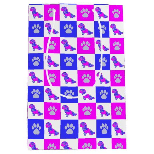 Shihpoo Dog & Paw Print Crazy Hot Pink & Blue Mittlere Geschenktüte (Vorderseite)