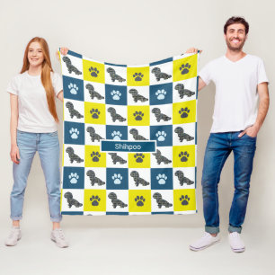 Shihpoo Dog & Paw Print Yellow Grid Silhouette Fleecedecke