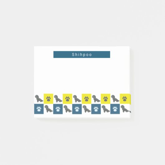 Shihpoo Dog & Paw Yellow & Blue Grid Silhouette Post-it Klebezettel (Vorderseite)