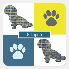 Shihpoo Dog Silhouette & Paw Print Y&B Grid Quadratischer Aufkleber