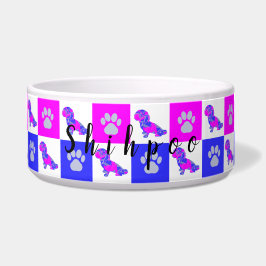 Shihpoo Silhouette Dog & Paw Hot Pink & Blue Napf