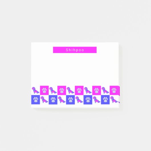 Shihpoo Silhouette Dog & Paw Hot Pink & Blue Post-it Klebezettel (Vorderseite)