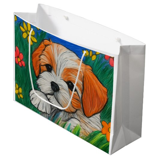 Shihtzu Welpencrayic Art Geschenktasche Große Geschenktüte (Vorderseite Schrägansicht)