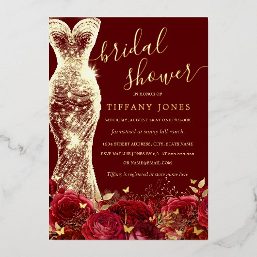 Shimmer Dress Red Gold Rose Brautparty Folieneinladung (Vorderseite)