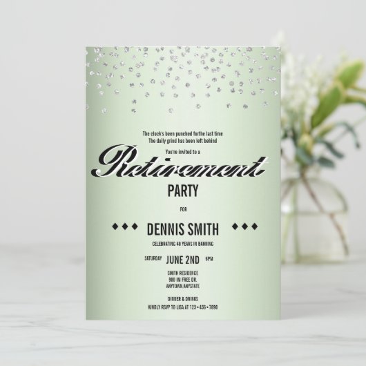 Shimmer | Silver Glitzer Confetti Retirement Party Einladung (Stehend Vorderseite)