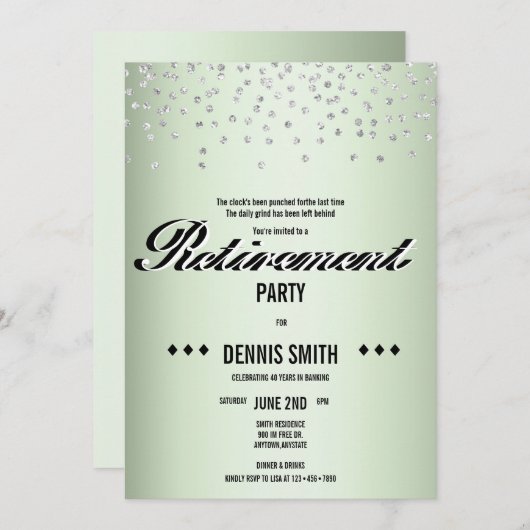 Shimmer | Silver Glitzer Confetti Retirement Party Einladung (Vorne/Hinten)