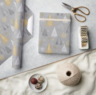 Shimmer Silver und Gold Weihnachtsbäume Geschenkpapier