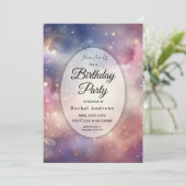 Shimmering Celestial Stardust Skies Birthday Party Einladung (Stehend Vorderseite)