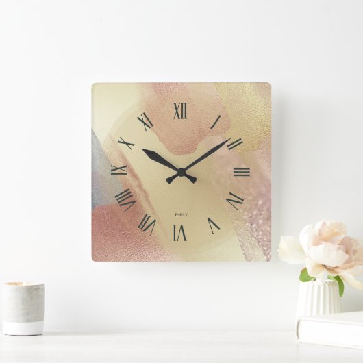 Shimmering Look Gold Brushstrokes Quadratische Wanduhr (Zuhause)