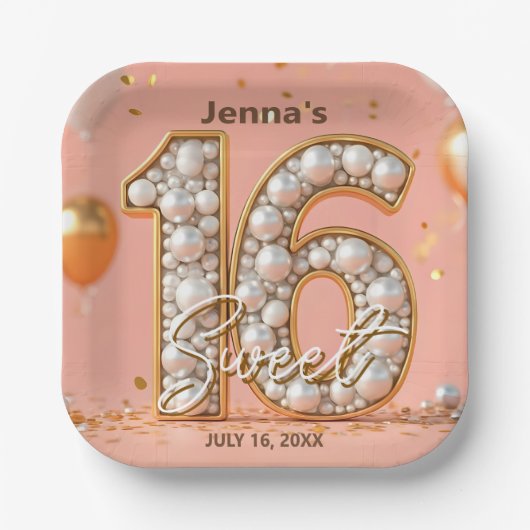 Shimmering Pearlescent Gold Soft Pink Sweet 16 Pappteller (Vorderseite)