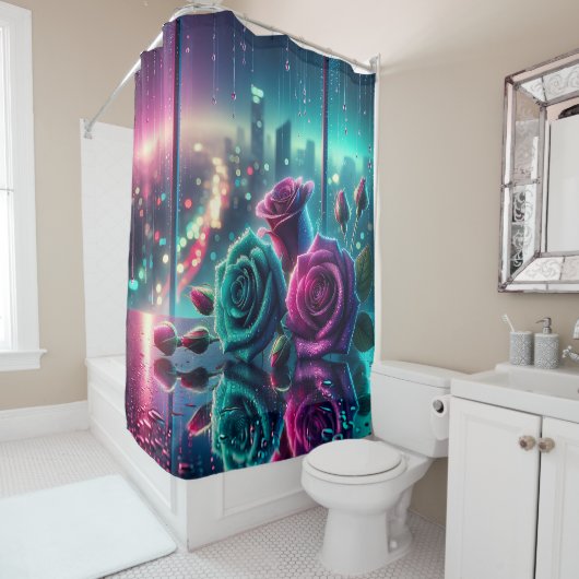 "Shimmering Raindrop Rose City Bokeh Art" Duschvorhang (Beispiel)