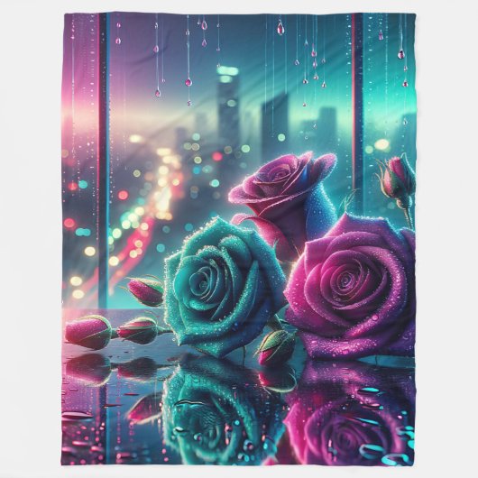 "Shimmering Raindrop Rose City Bokeh Art" Fleecedecke (Vorderseite)