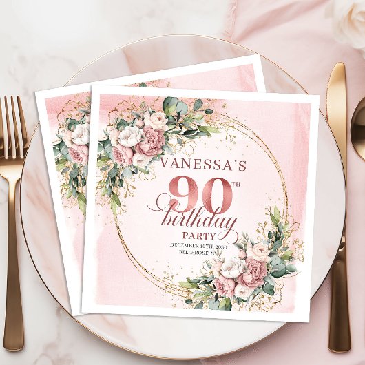 Shimmering Rose Gold Greenery 90th Birthday Napkin Serviette