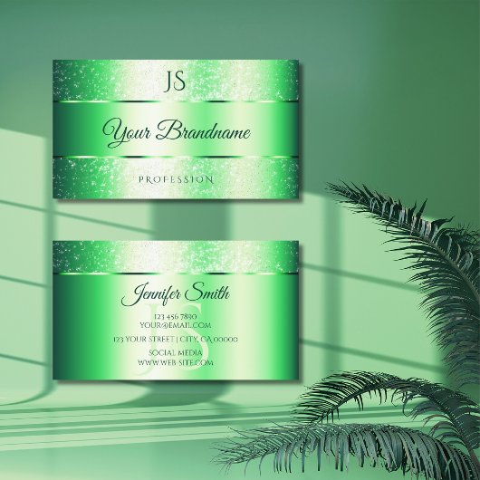 Shimmery Emerald Green Glitzer Spark and Monogram Visitenkarte