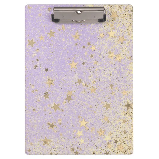 Shimmery Glittery Gold Stars auf dem Lavendel Note Klemmbrett (Vorderseite)