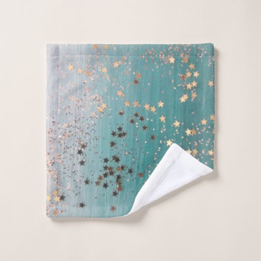 Shimmery Gold Stars auf Aquamarin Badhandtuch Set (Waschlappen)