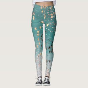 Shimmery Gold Stars auf Aquamarin  Leggings