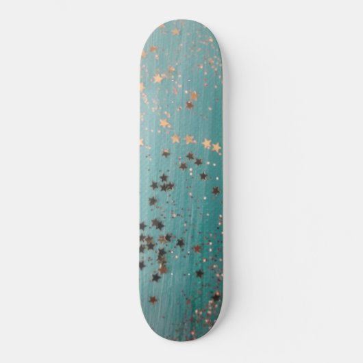 Shimmery Gold Stars auf Aquamarin Skateboard (Vorderseite)