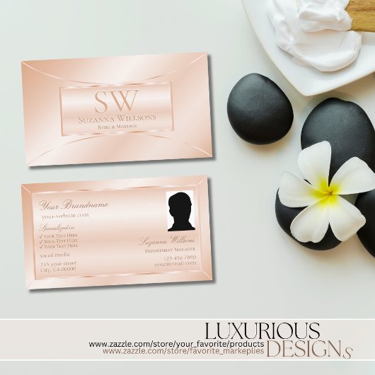 Shimmery Pastel Rose Coral mit Monogramm und Foto Visitenkarte