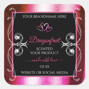 Shimmery Pink Black Product Labels Diamonds Hearts Quadratischer Aufkleber