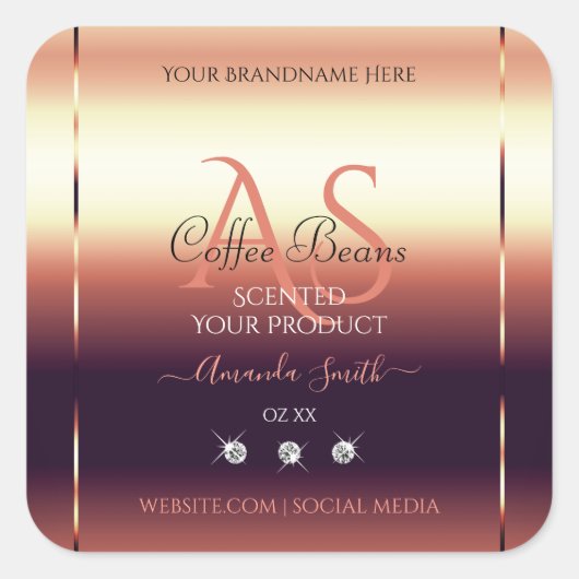 Shimmery Red Brown Product Labels Jewels Initials Quadratischer Aufkleber (Vorderseite)