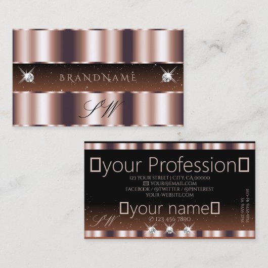 Shimmery Rose Gold Brown Sparkle Jewels Monogram Visitenkarte (Vorne/Hinten)