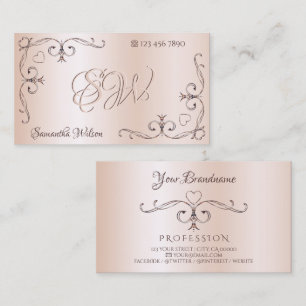 Shimmery Rose Verziert Corner Initials Pastel Pink Visitenkarte