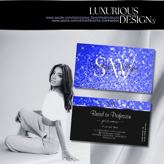 Shimmery Royal Blue Glitzer Sparkle Stars Monogram Visitenkarte