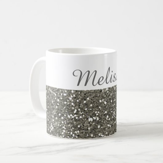 Shimmery silberner Glitzer mein Name Kaffeetasse (Vorderseite Links)