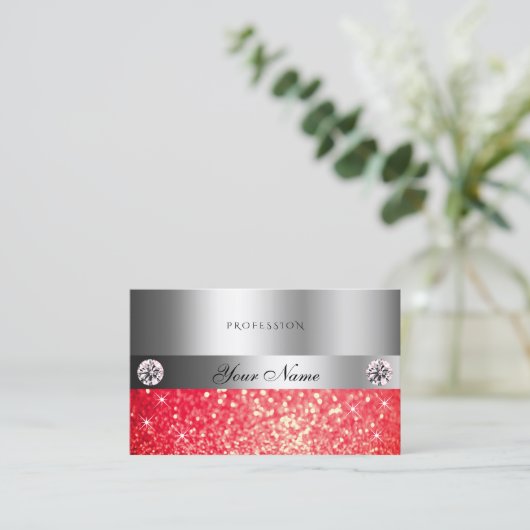 Shimmery Silver Sparkle Ruby Red Glitzer Diamonds Visitenkarte (Stehend Vorderseite)