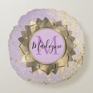 Shimmery Stars Gold Lotus Mandala Monogram Rundes Kissen