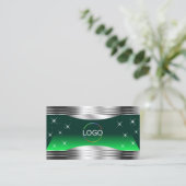 Shimmery Stars Green Silver Borders Logo und Foto Visitenkarte (Stehend Vorderseite)
