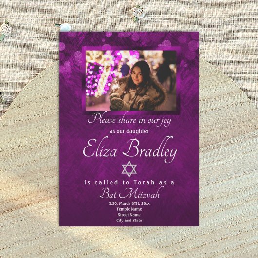 Shimmery Violet Bat Mitzvah Einladung mit Star