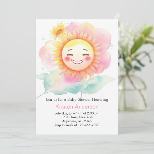 Shine on Little One Sunshine Girl Baby Dusche Einladung (Stehend Vorderseite)